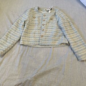 Cropped Textured Knit Jacket in Light Blue and Cream